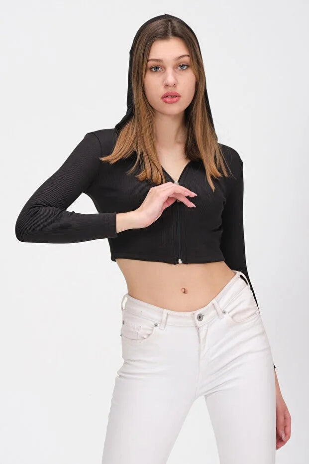 PUNKY CAT Kadın Kapüşonlu Kısa Crop Bluz - KS004