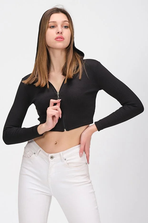 PUNKY CAT Kadın Kapüşonlu Kısa Crop Bluz - KS004
