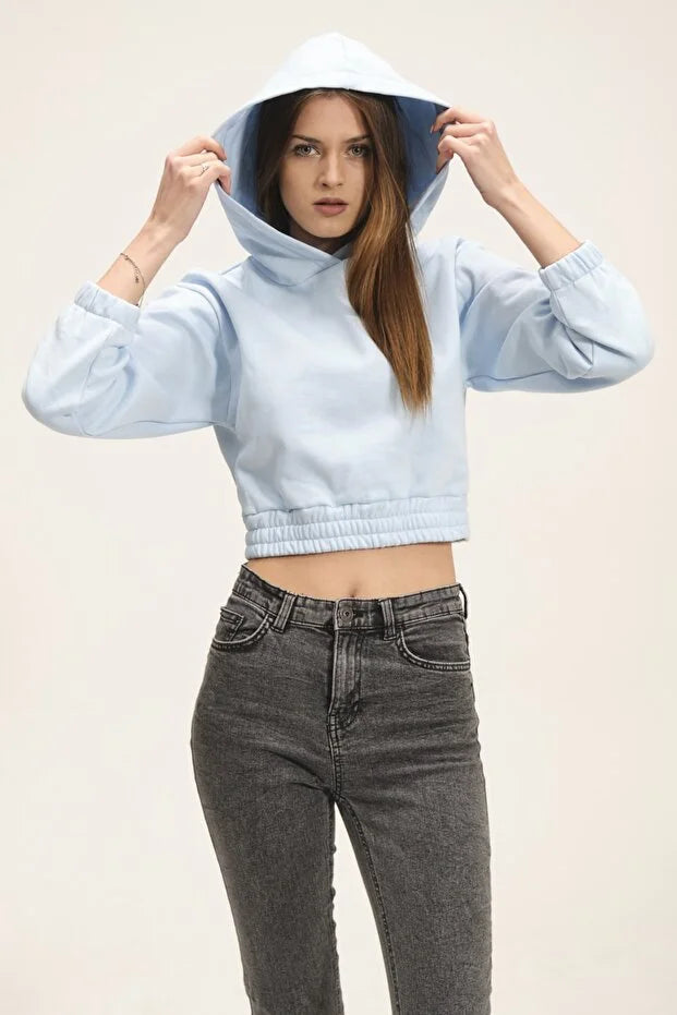 Kadın Kapüşonlu Içi Polarlı Crop Sweatshirt - KS010