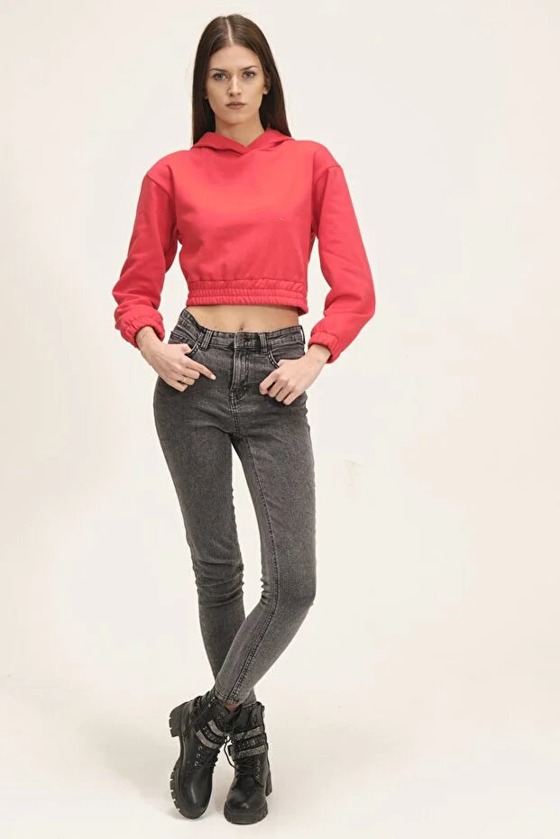 Kadın Kapüşonlu Içi Polarlı Crop Sweatshirt - KS010