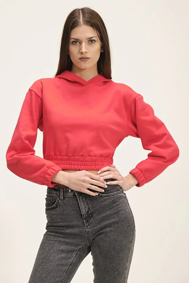 Kadın Kapüşonlu Içi Polarlı Crop Sweatshirt - KS010