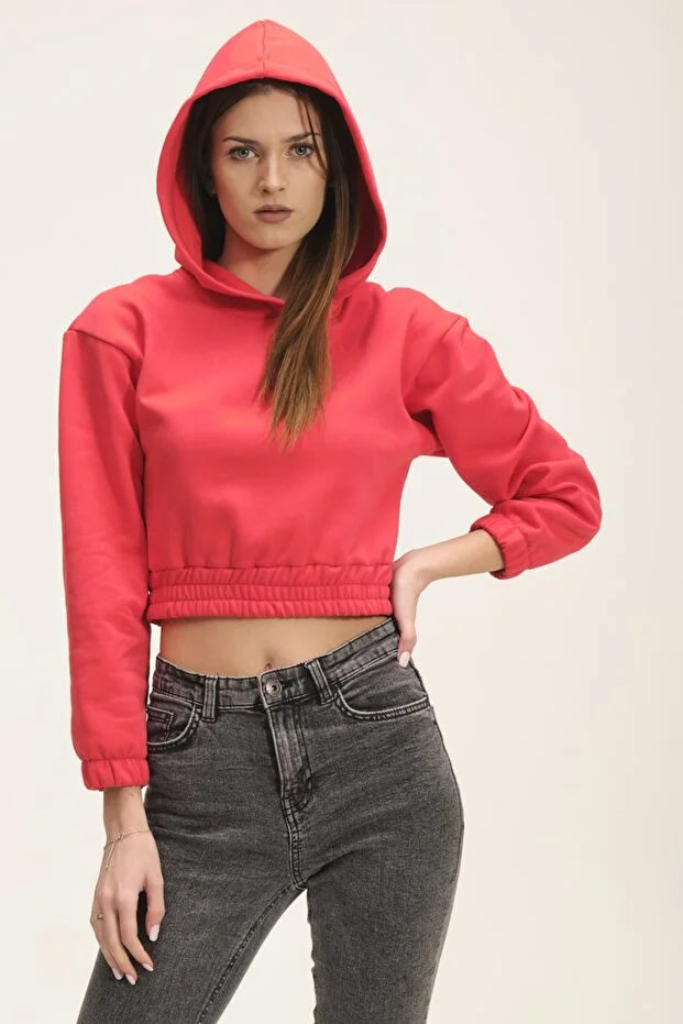 Kadın Kapüşonlu Içi Polarlı Crop Sweatshirt - KS010