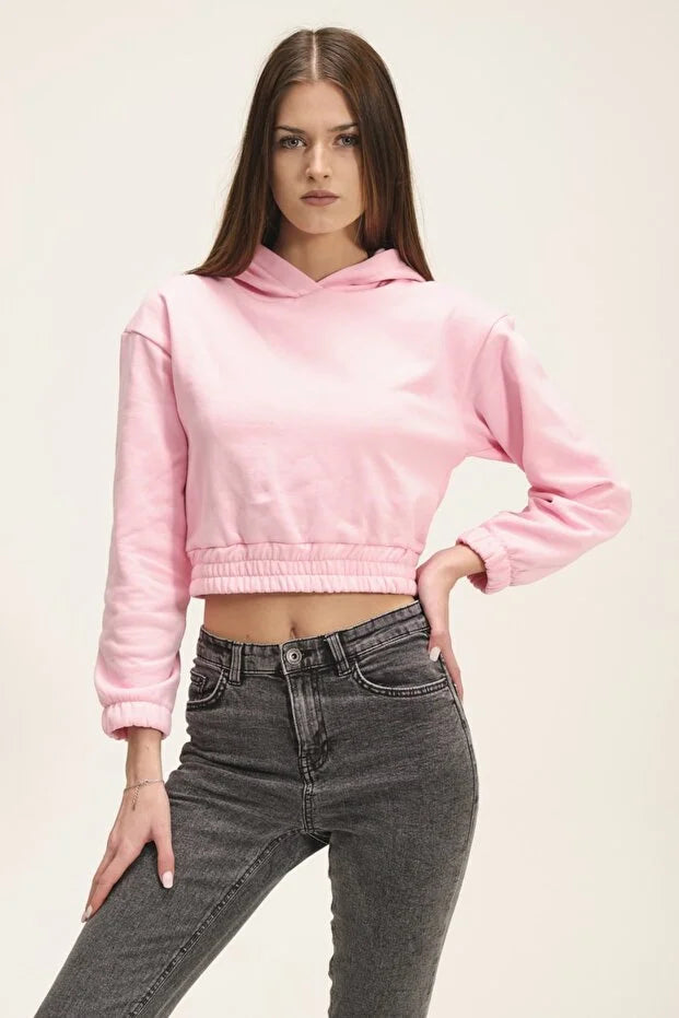 Kadın Kapüşonlu Içi Polarlı Crop Sweatshirt - KS010