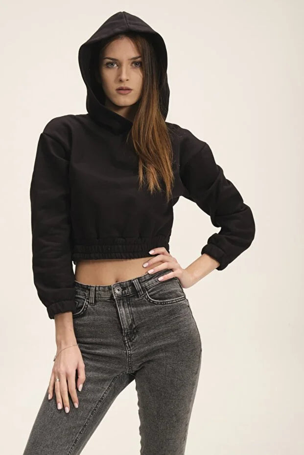 Kadın Kapüşonlu Içi Polarlı Crop Sweatshirt - KS010