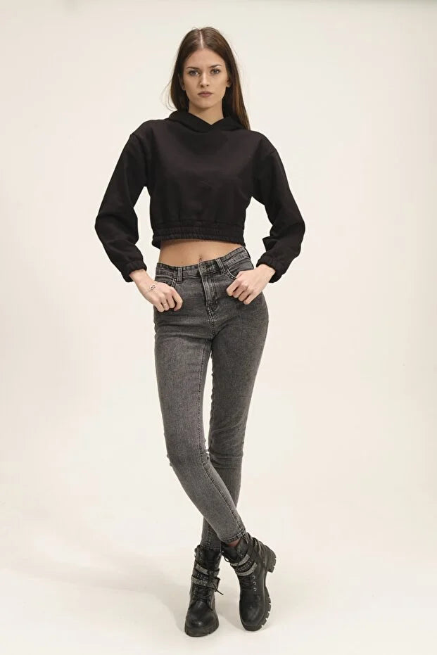 Kadın Kapüşonlu Içi Polarlı Crop Sweatshirt - KS010