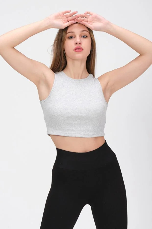 PUNKY CAT Kadın Bisiklet Yaka Crop Top Kolsuz Kaşkorse  T-Shirt - PCS20TS004