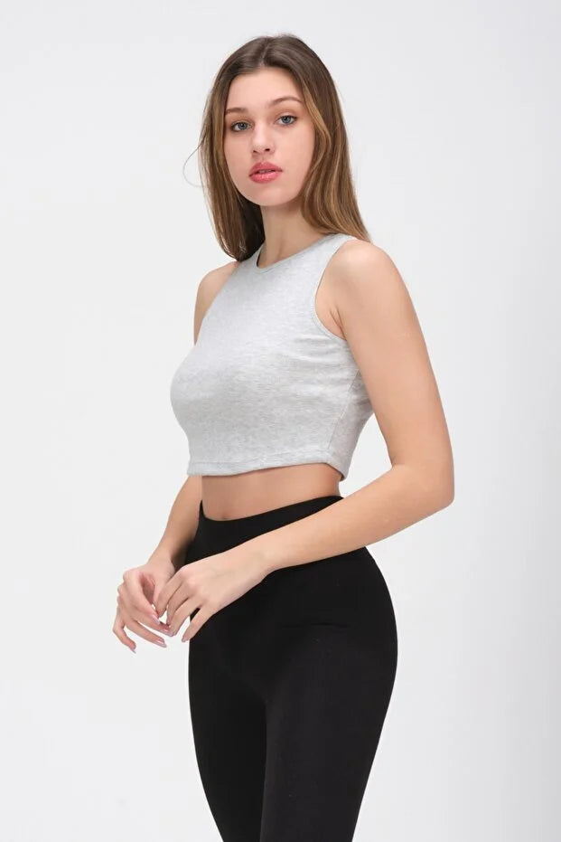 PUNKY CAT Kadın Bisiklet Yaka Crop Top Kolsuz Kaşkorse  T-Shirt - PCS20TS004