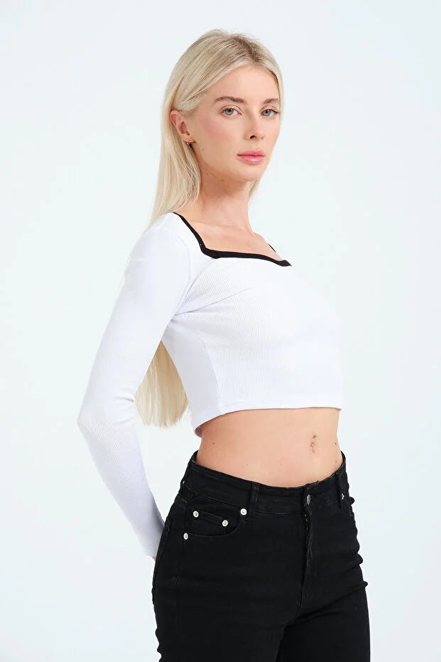 PUNKY CAT Kadın, Derin Kare Yaka, Uzun Kollu, Yaka Renk Detaylı, Crop, Bluz - SW009