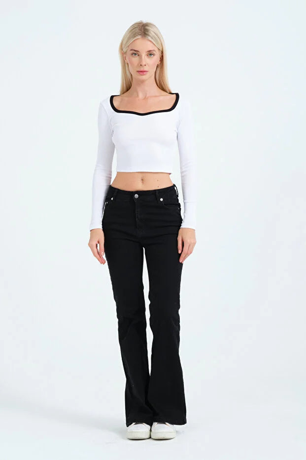 PUNKY CAT Kadın, Derin Kare Yaka, Uzun Kollu, Yaka Renk Detaylı, Crop, Bluz - SW009