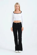 PUNKY CAT Kadın, Derin Kare Yaka, Uzun Kollu, Yaka Renk Detaylı, Crop, Bluz - SW009