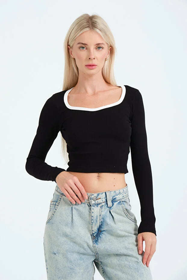 PUNKY CAT Kadın, Derin Kare Yaka, Uzun Kollu, Yaka Renk Detaylı, Crop, Bluz - SW009