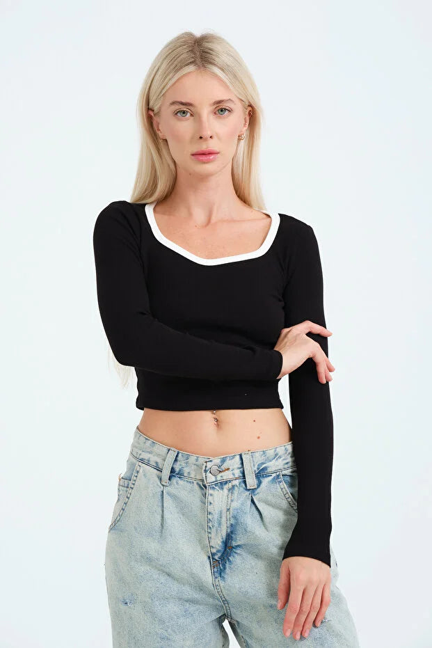 PUNKY CAT Kadın, Derin Kare Yaka, Uzun Kollu, Yaka Renk Detaylı, Crop, Bluz - SW009