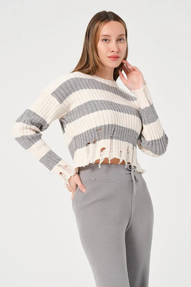 PUNKY CAT Kadın Çizgili Bisiklet Yaka Triko Kazak - TRK001