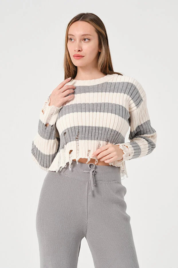 PUNKY CAT Kadın Çizgili Bisiklet Yaka Triko Kazak - TRK001