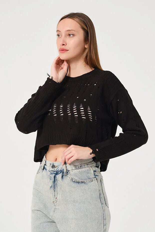 PUNKY CAT Kadın Ajurlu Bisiklet Yaka Crop Triko Kazak - TRK002
