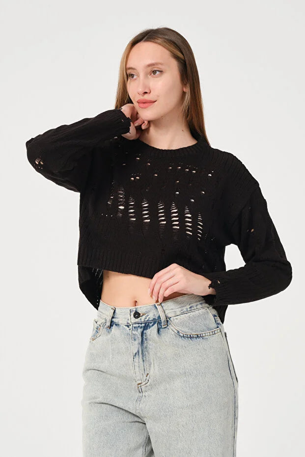 PUNKY CAT Kadın Ajurlu Bisiklet Yaka Crop Triko Kazak - TRK002