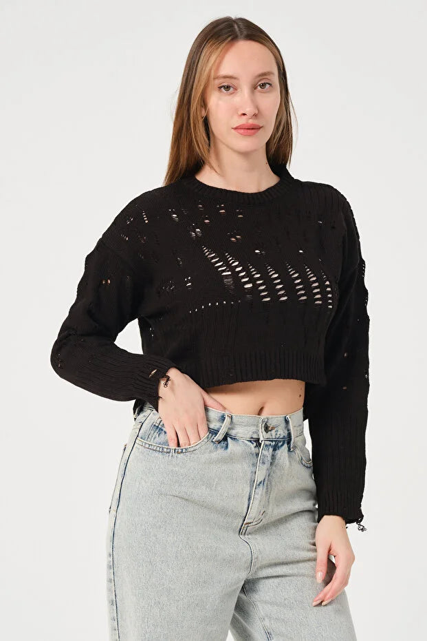 PUNKY CAT Kadın Ajurlu Bisiklet Yaka Crop Triko Kazak - TRK002