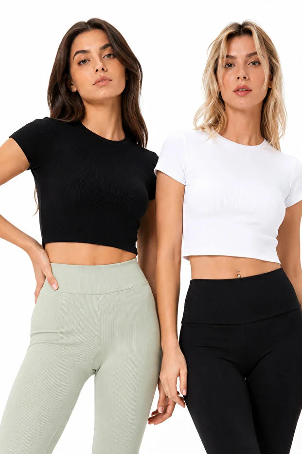 PUNKY CAT Kadın Bisiklet Yaka Kısa Kollu Crop Basic Bluz 2 li - TS001-2ST