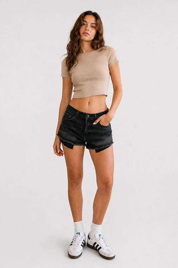 PUNKY CAT Kadın Bisiklet Yaka Kısa Kollu Crop Basic Bluz - TS001