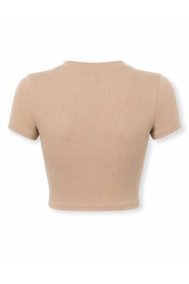 PUNKY CAT Kadın Bisiklet Yaka Kısa Kollu Crop Basic Bluz - TS001