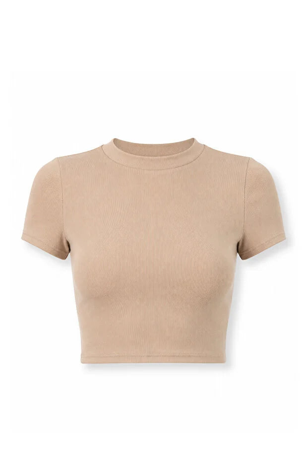 PUNKY CAT Kadın Bisiklet Yaka Kısa Kollu Crop Basic Bluz - TS001