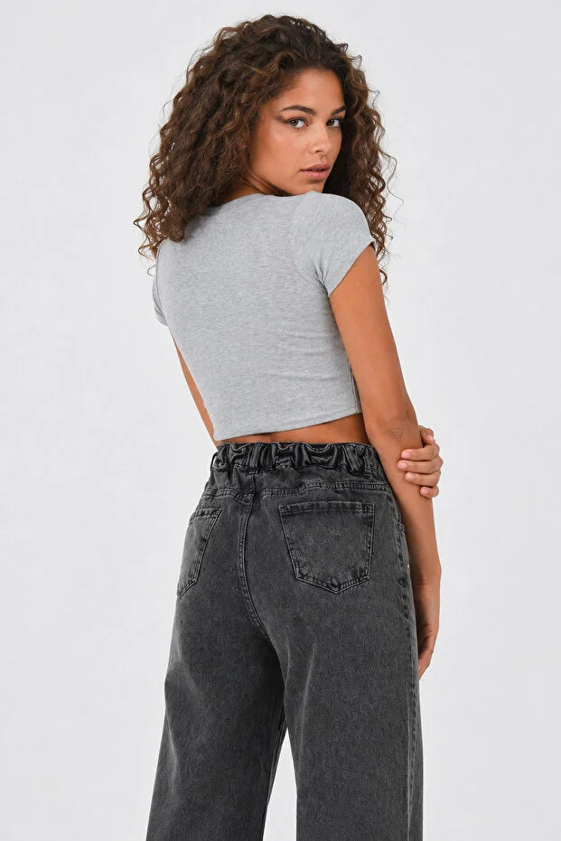 PUNKY CAT Kadın Bisiklet Yaka Kısa Kollu Crop Basic Bluz - TS001