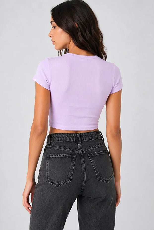 PUNKY CAT Kadın Bisiklet Yaka Kısa Kollu Crop Basic Bluz - TS001