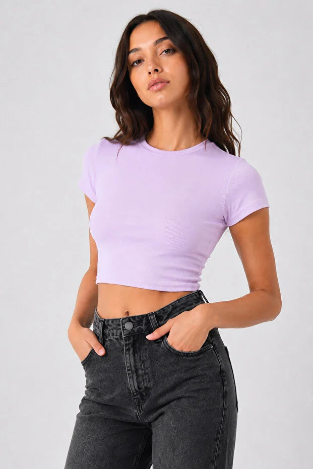 PUNKY CAT Kadın Bisiklet Yaka Kısa Kollu Crop Basic Bluz - TS001