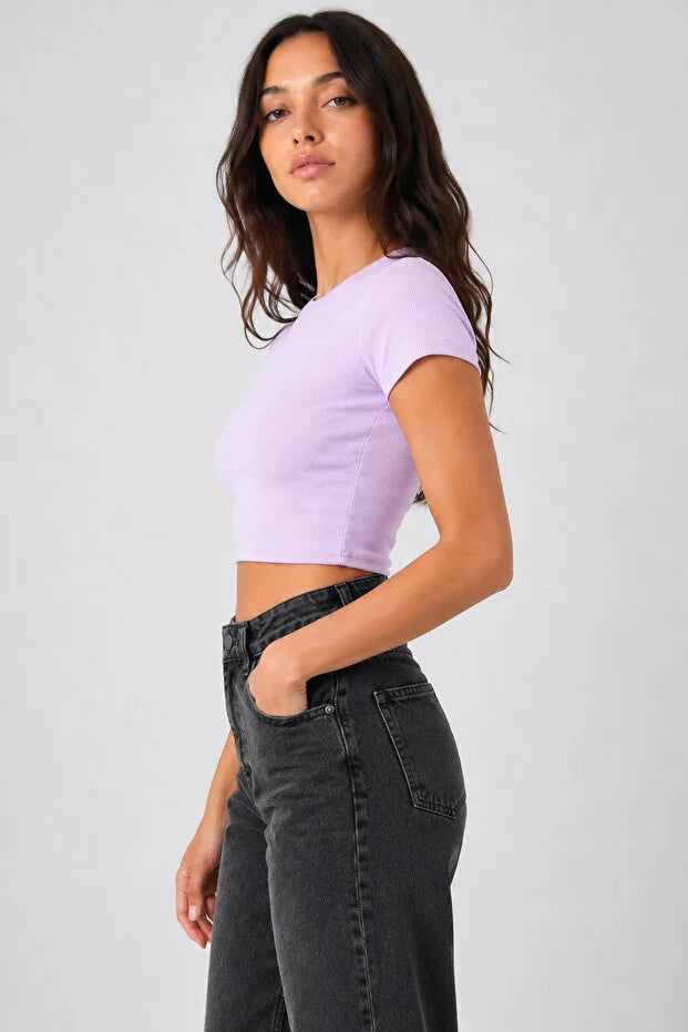 PUNKY CAT Kadın Bisiklet Yaka Kısa Kollu Crop Basic Bluz - TS001