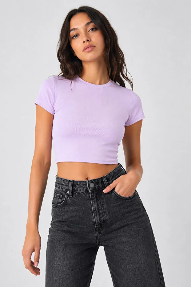 PUNKY CAT Kadın Bisiklet Yaka Kısa Kollu Crop Basic Bluz - TS001