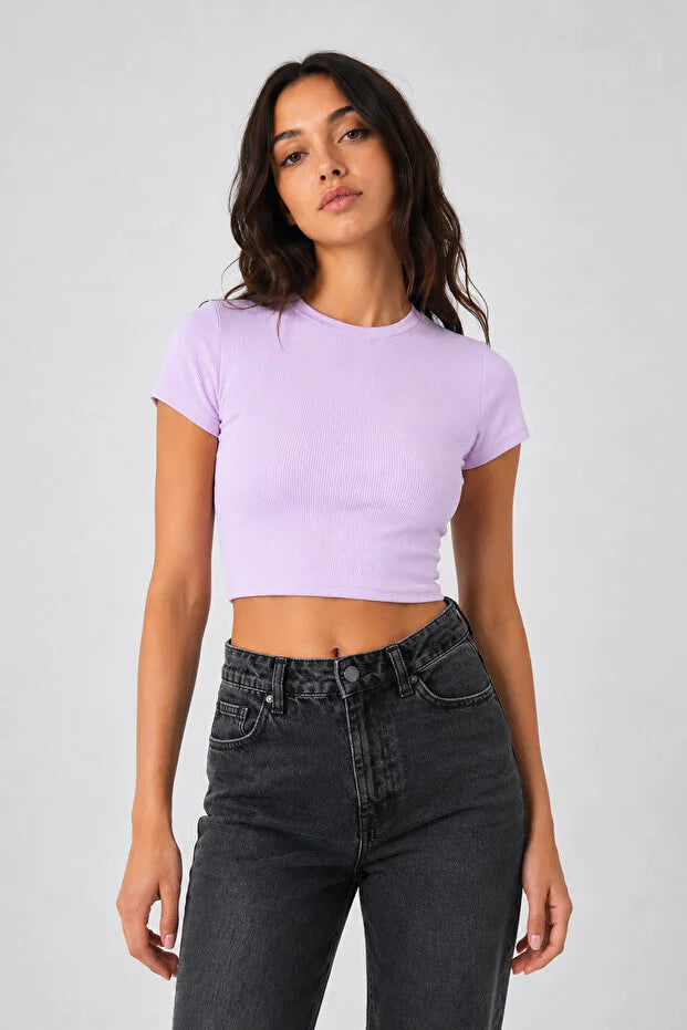 PUNKY CAT Kadın Bisiklet Yaka Kısa Kollu Crop Basic Bluz - TS001