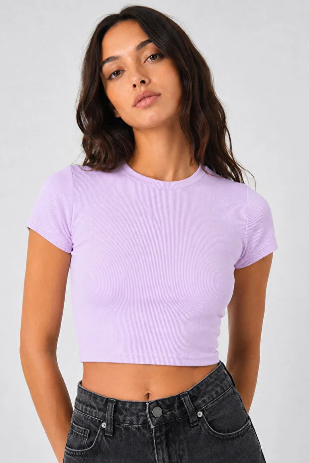 PUNKY CAT Kadın Bisiklet Yaka Kısa Kollu Crop Basic Bluz - TS001