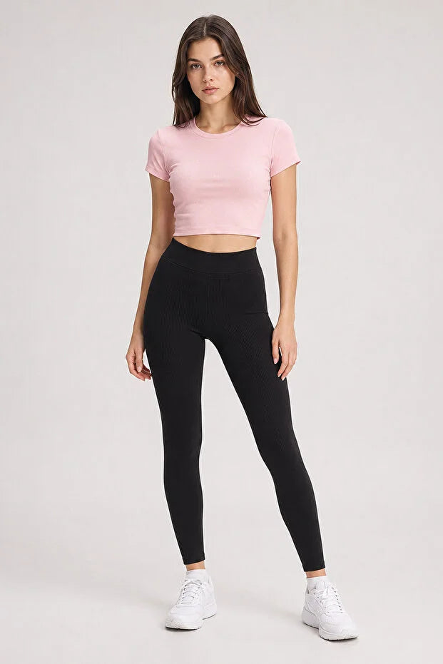 PUNKY CAT Kadın Bisiklet Yaka Kısa Kollu Crop Basic Bluz - TS001