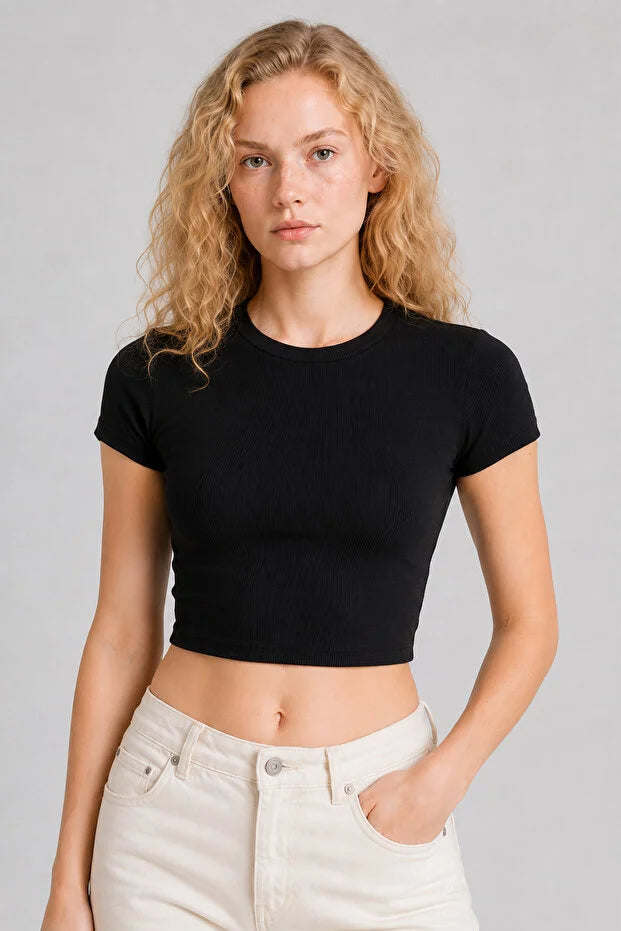 PUNKY CAT Kadın Bisiklet Yaka Kısa Kollu Crop Basic Bluz - TS001