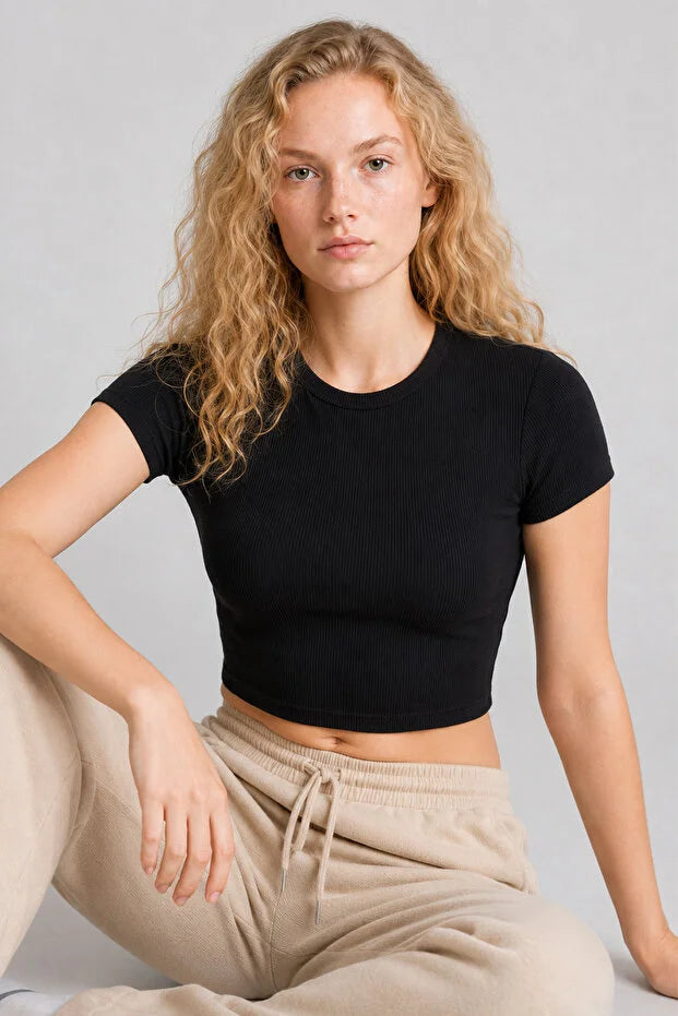 PUNKY CAT Kadın Bisiklet Yaka Kısa Kollu Crop Basic Bluz - TS001