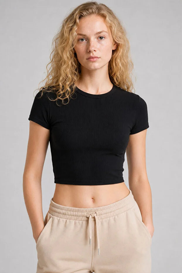 PUNKY CAT Kadın Bisiklet Yaka Kısa Kollu Crop Basic Bluz - TS001