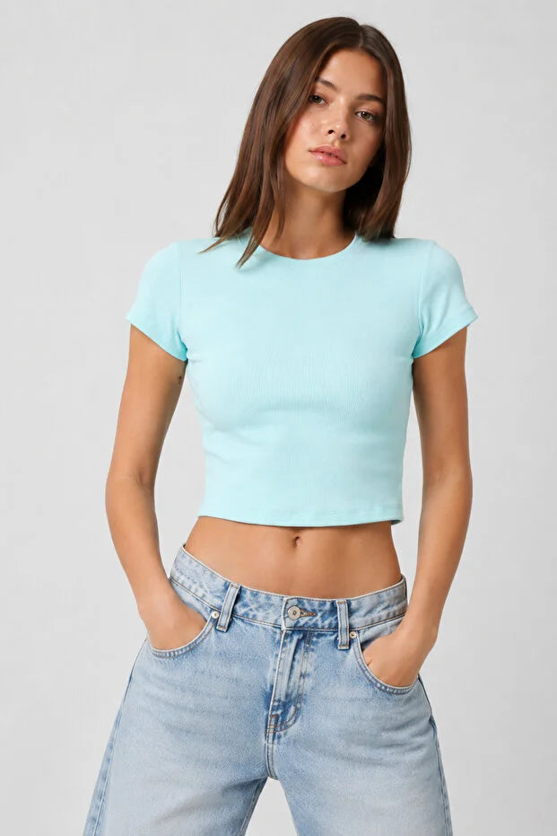 PUNKY CAT Kadın Bisiklet Yaka Kısa Kollu Crop Basic Bluz - TS001