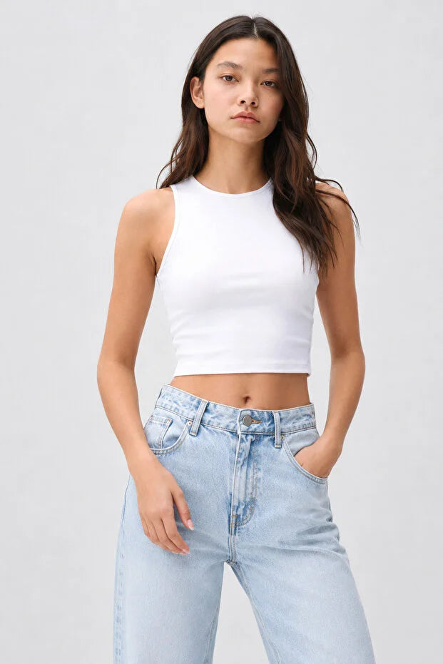 PUNKY CAT Kadın Bisiklet Yaka Crop Top Kolsuz Kaşkorse T-shirt - TS004