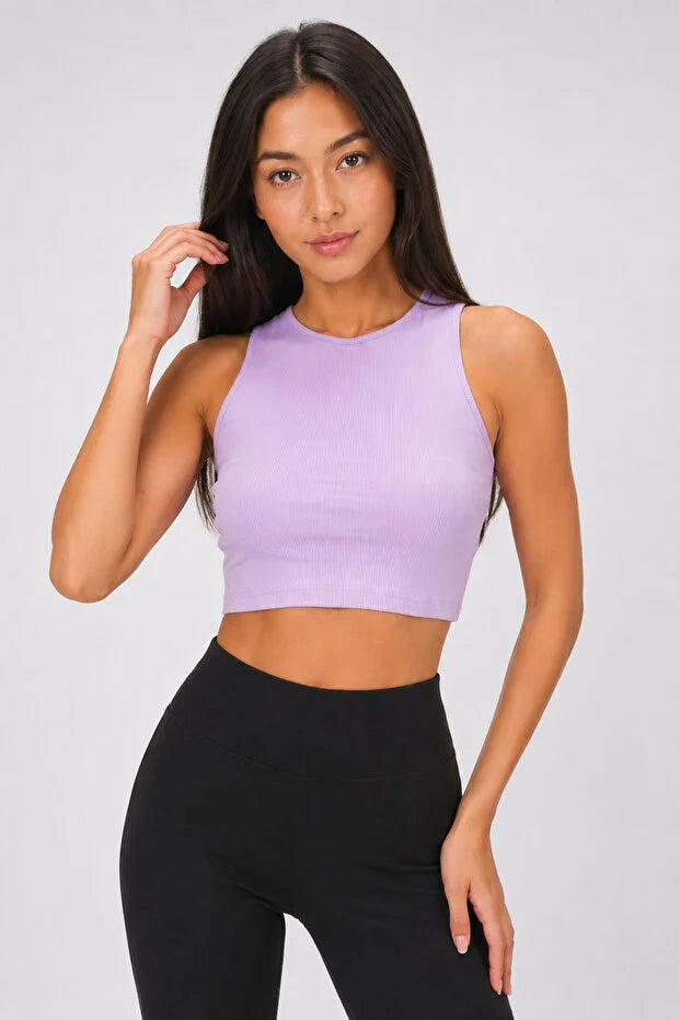 PUNKY CAT Kadın Bisiklet Yaka Crop Top Kolsuz Kaşkorse T-shirt - TS004