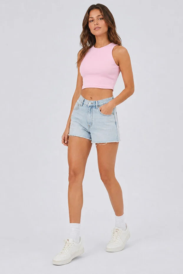 PUNKY CAT Kadın Bisiklet Yaka Crop Top Kolsuz Kaşkorse T-shirt - TS004