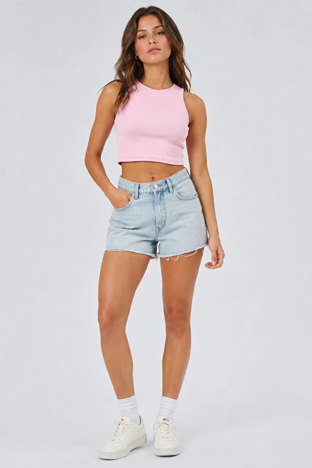PUNKY CAT Kadın Bisiklet Yaka Crop Top Kolsuz Kaşkorse T-shirt - TS004