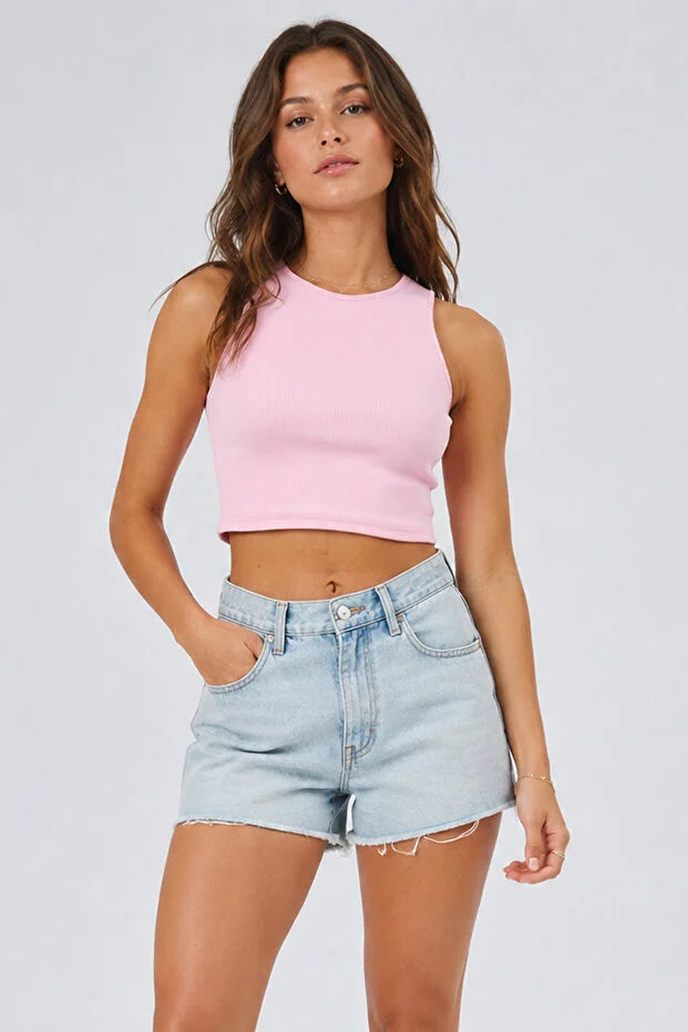 PUNKY CAT Kadın Bisiklet Yaka Crop Top Kolsuz Kaşkorse T-shirt - TS004