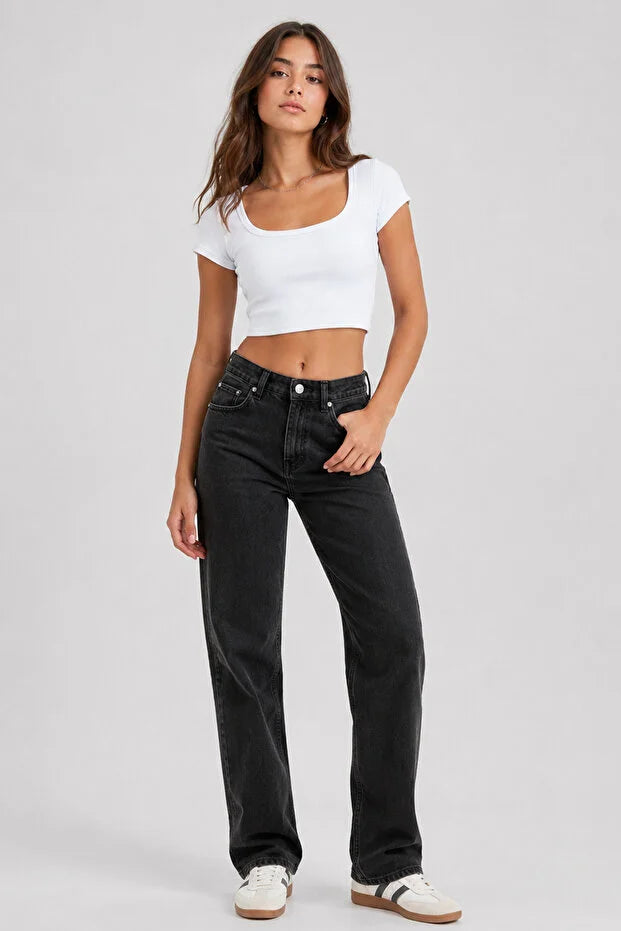 PUNKY CAT Kadın U Yaka Kısa Kollu Crop Bluz - TS005