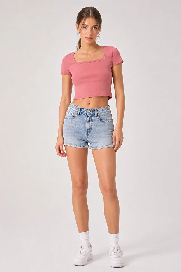 PUNKY CAT Kadın U Yaka Kısa Kollu Crop Bluz - TS005