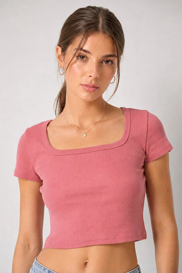 PUNKY CAT Kadın U Yaka Kısa Kollu Crop Bluz - TS005