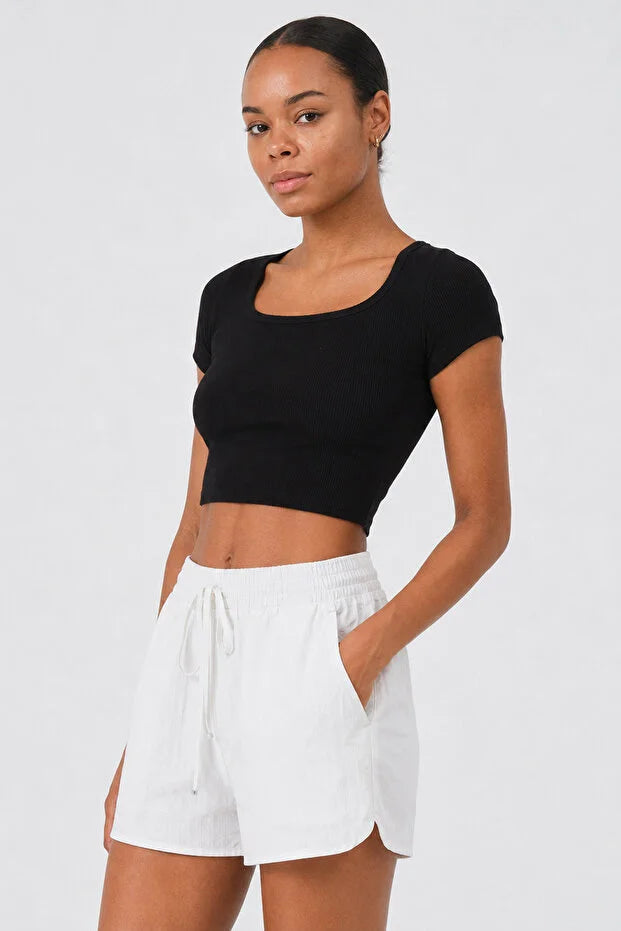 PUNKY CAT Kadın U Yaka Kısa Kollu Crop Bluz - TS005