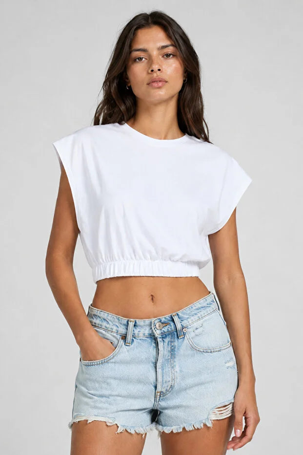 PUNKY CAT Kadın Beli Lastikli Crop Kolsuz T-Shirt - TS006