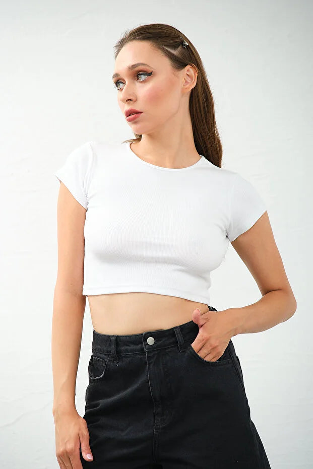 PUNKY CAT Kadın Bisiklet Yaka Kısa Kollu Crop Top Sırt Dekolteli Bluz - TS008