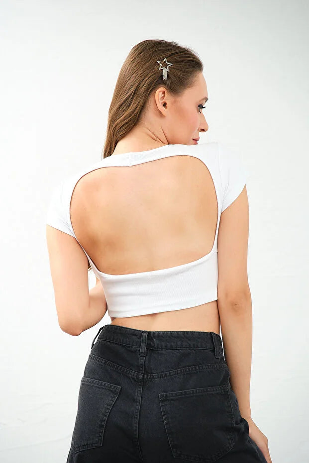 PUNKY CAT Kadın Bisiklet Yaka Kısa Kollu Crop Top Sırt Dekolteli Bluz - TS008