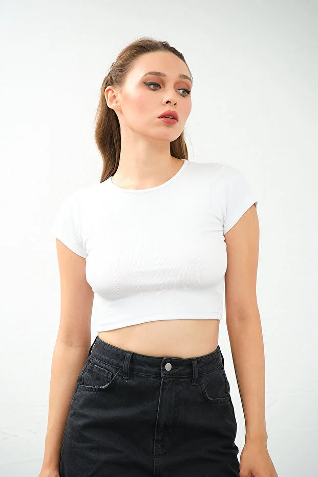 PUNKY CAT Kadın Bisiklet Yaka Kısa Kollu Crop Top Sırt Dekolteli Bluz - TS008